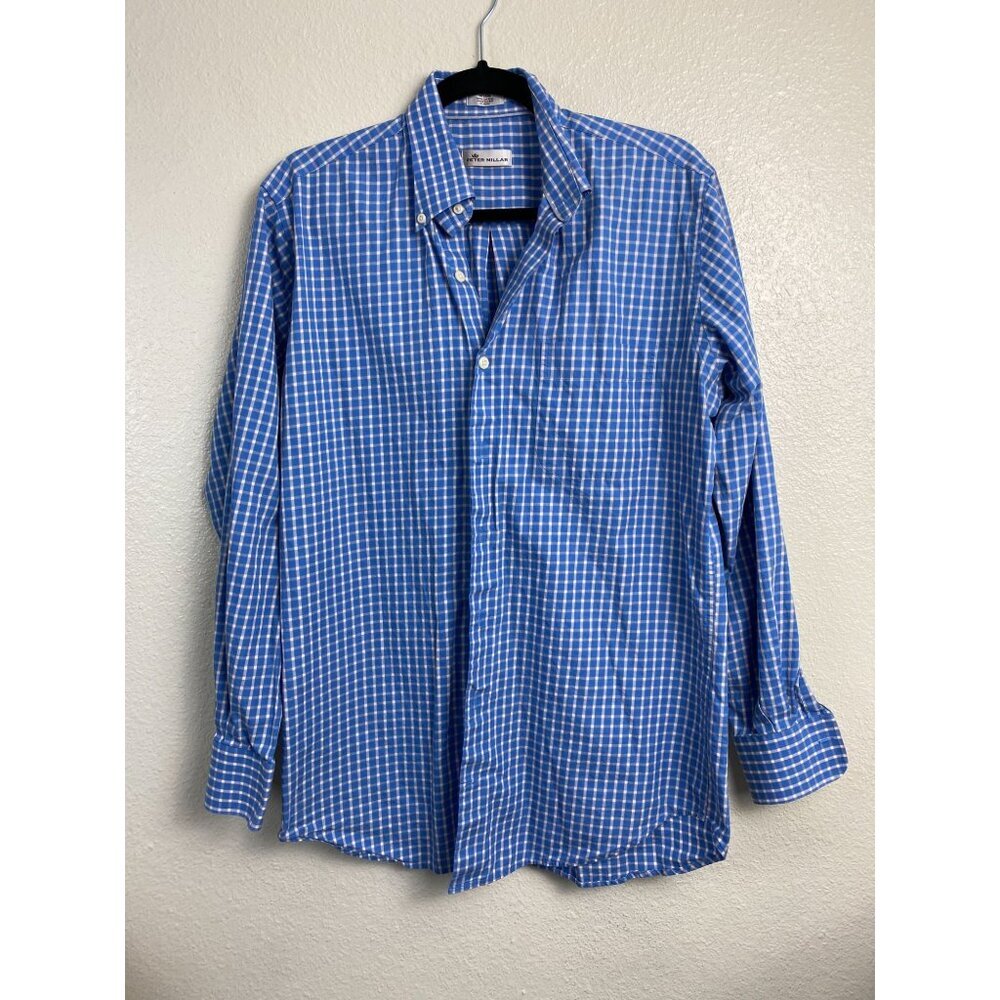 Peter Millar shirt Mens size Medium Button Gingham Plaid Blue Golf Long Sleeve‎